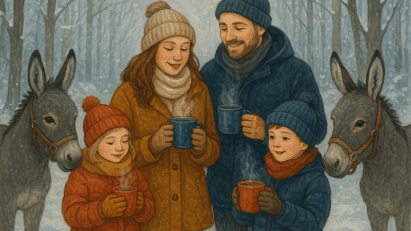 Familie auf einer Eselwanderung mit Glühwein
