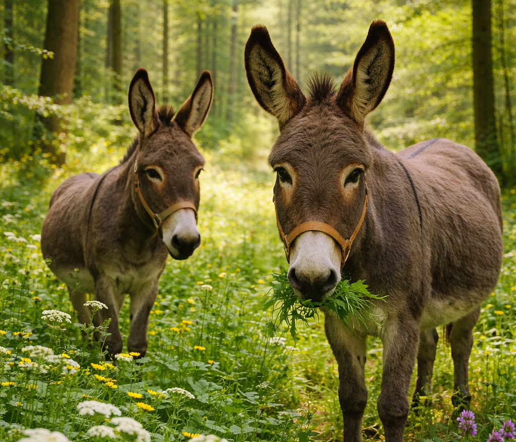 Esel-im-sonnendurchflutenden-Wald-mit-Kraeutern